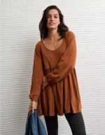 AE Sunchaser Knit Long-Sleeve Scoop Neck Mini Dress