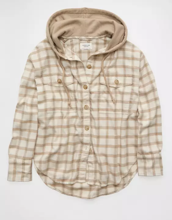 AE Plaid Hooded Button-Up Shirt - Image 3