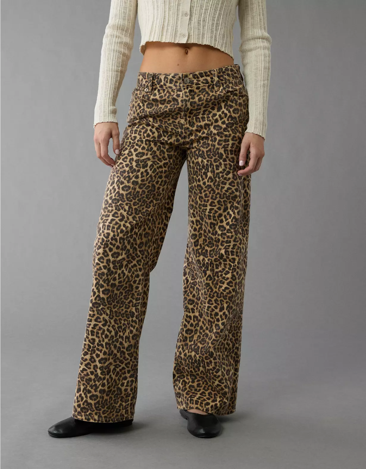 AE Stretch Leopard Low-Rise Baggy Wide-Leg Pant