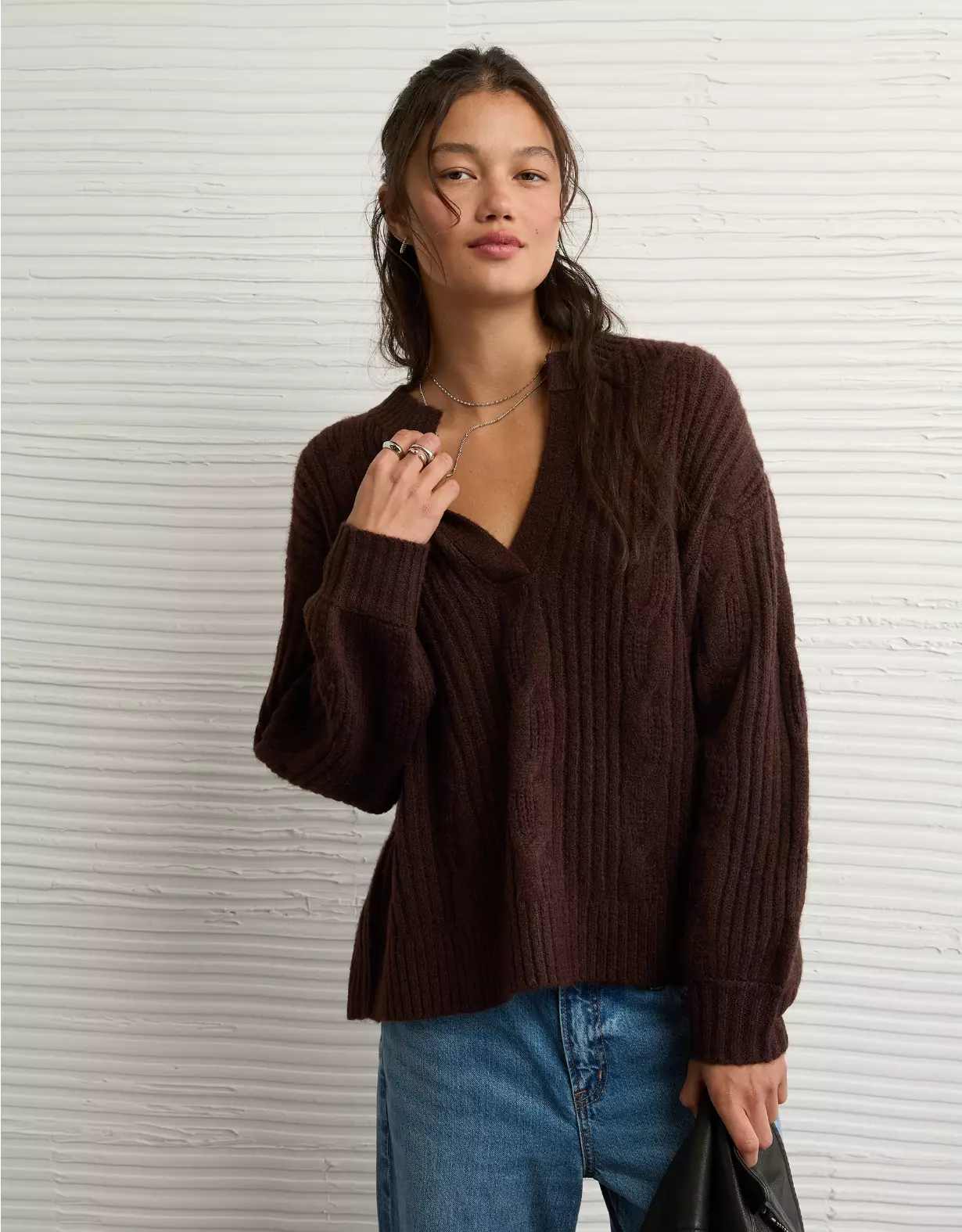AE Whoa So Soft Notch Neck Cable Sweater