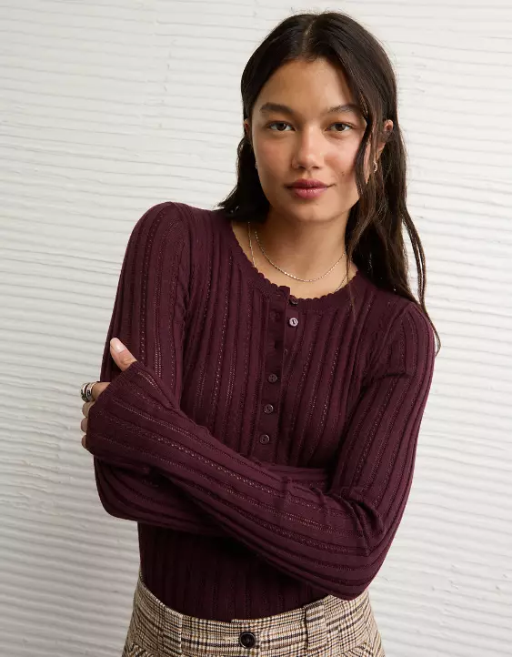 AE Pointelle Henley Sweater Top - Image 6