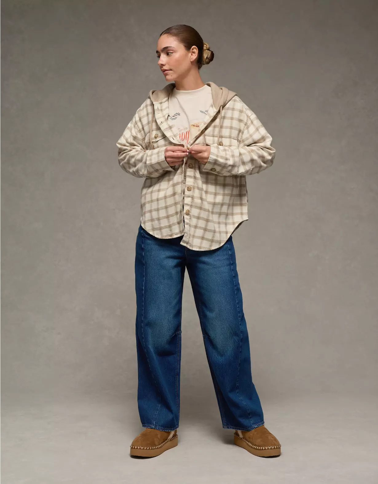 AE Plaid Hooded Button-Up Shirt