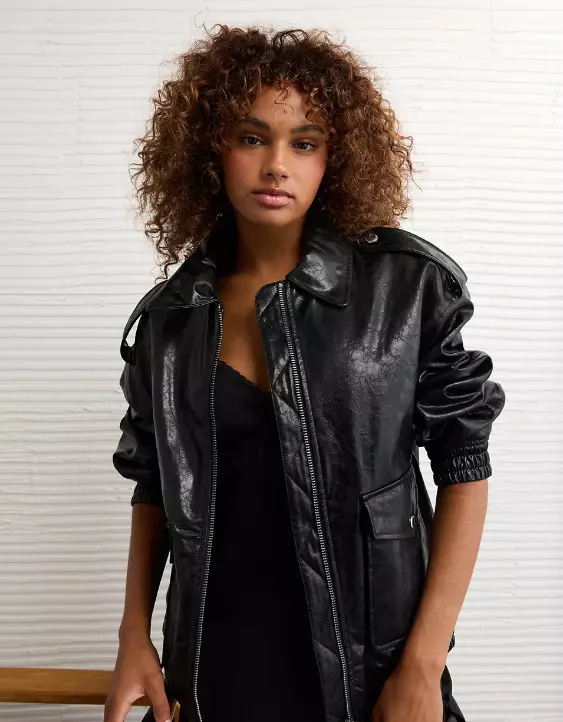 AE Oversized Vegan Leather Bomber Jacket - Image 5