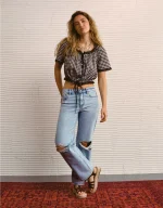 AE Short-Sleeve Gingham Button-Up Blouse