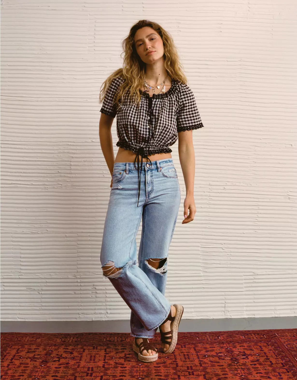 AE Short-Sleeve Gingham Button-Up Blouse