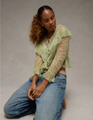 AE Embroidered Tie-Front Mesh Blouse