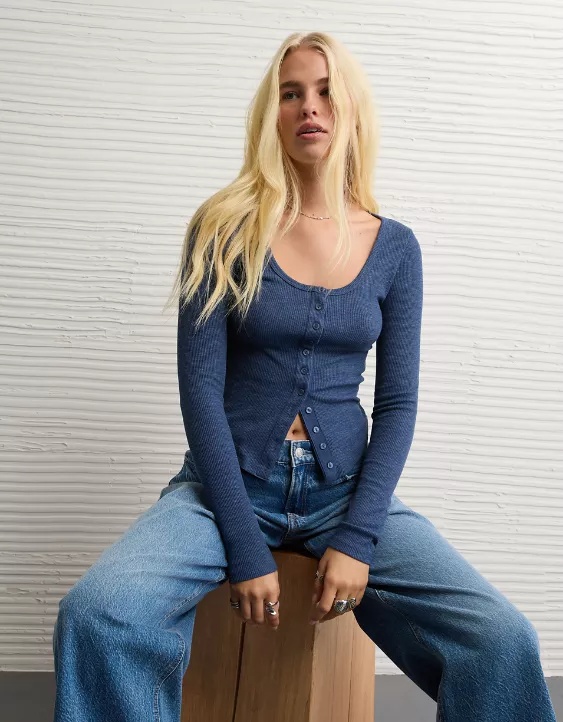 AE Waffle Long Sleeve Button-Up Tee - Image 6