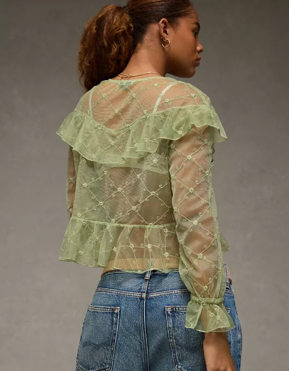 AE Embroidered Tie-Front Mesh Blouse - Image 2